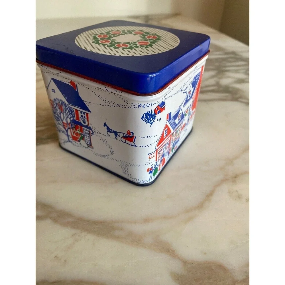 Interpur Coaster Set Blue 1985 Vintage Christmas Village Tin Fabric Coasters